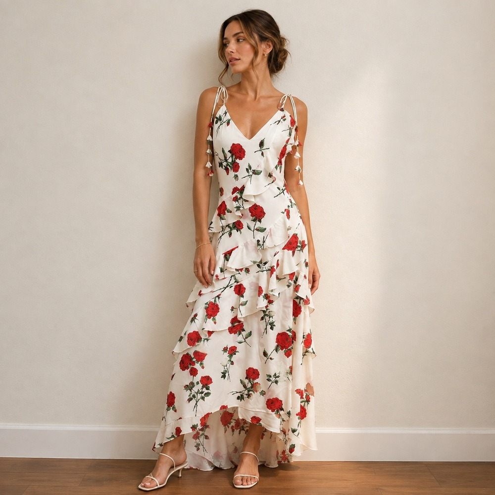 Rare London Maxi Dress US 8 White Red Floral Ruffle High Low Romantic Feminine